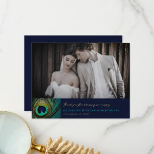 Elegant Exotic Peacock Feather Boho Wedding Photo Thank You Card