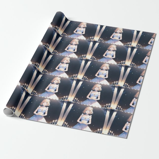 Elegant Extravaganza: Anime Birthday Bliss Wrapping Paper (Unrolled)