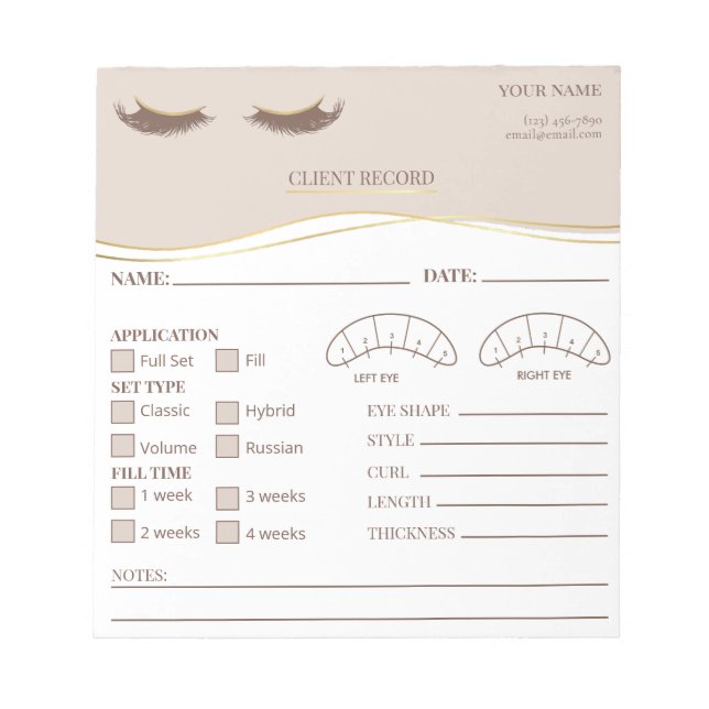 Elegant Eyelash Client Record Form Notepad (Front)