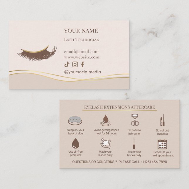 Elegant Eyelash Extensions Lash Aftercare Business Card (Front/Back)
