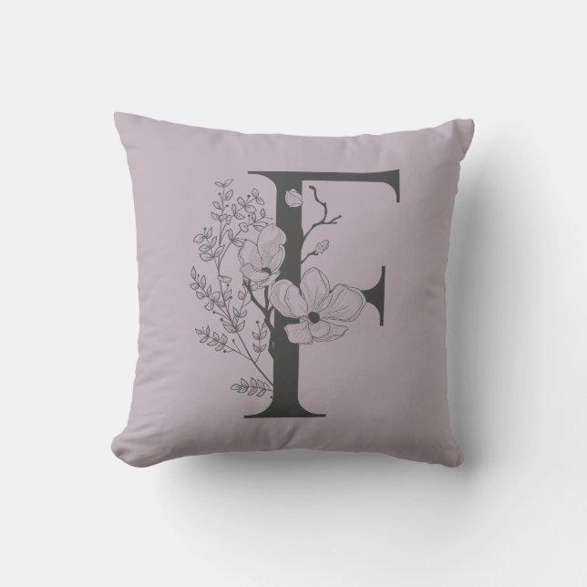 Elegant F Boho Floral Monogram Initial Lilac Grey Cushion (Front)