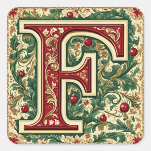 Elegant F Letter: Christmas Red and Gold Square Sticker