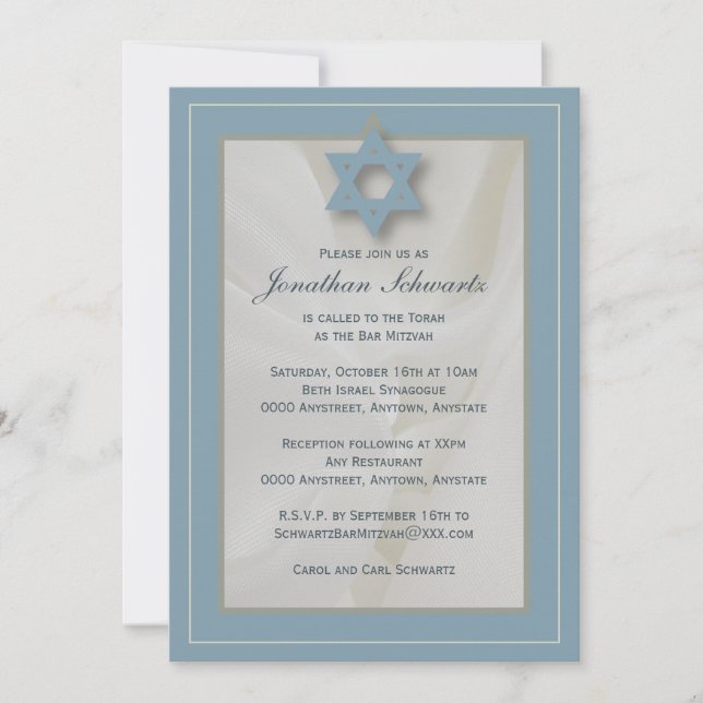 Elegant Fabric Bar Mitzvah Invitation Light Blue (Front)