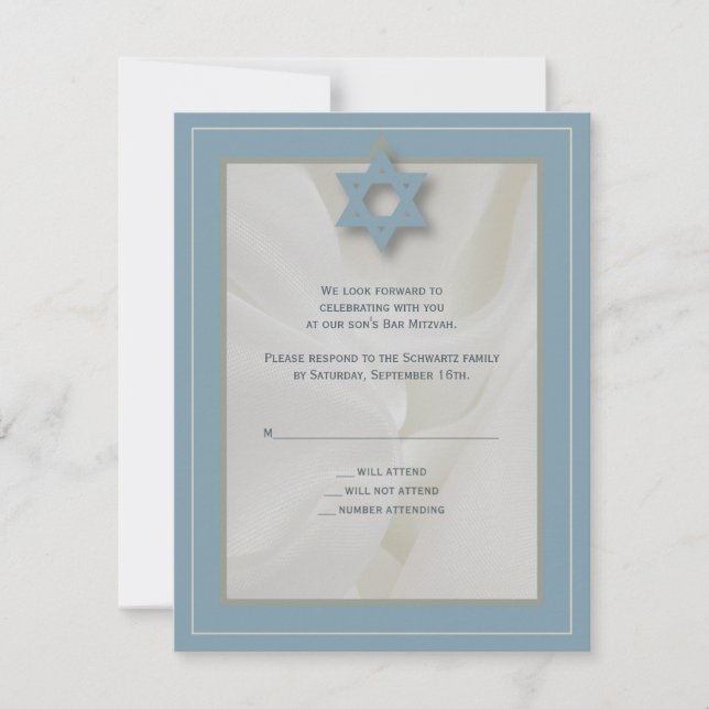 Elegant Fabric Bar Mitzvah Reply Card in Blue (Front)
