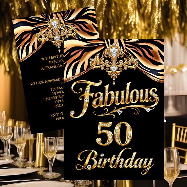 Elegant Fabulous 50 Birthday Black Gold Zebra Bow Invitation (Creator Uploaded)