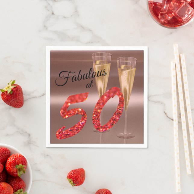 Elegant Fabulous at 50 Birthday Chic Coral Glitter Napkin (Insitu)