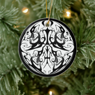 Elegant Face in Fire and Flames Tribal Design Ceramic Tree Decoration