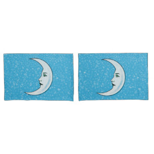 Elegant Face white Crescent Moon Stars Aqua Blue Pillowcase
