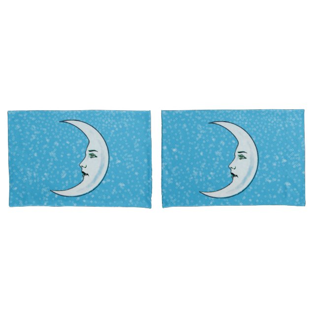 Elegant Face white Crescent Moon Stars Aqua Blue Pillowcase (Front-Set)