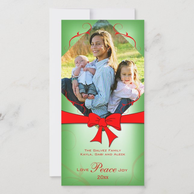 Elegant Faded Green Red Ribbon Love Peace Joy Holiday Card (Front)