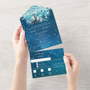 Elegant Fairy Lights Blue Heart Leaf Tree Wedding  All In One Invitation