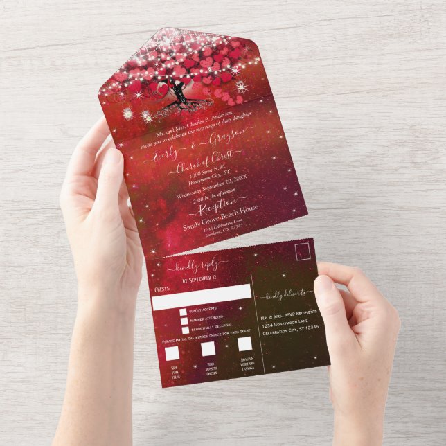 Elegant Fairy Lights Red Heart Leaf Tree Wedding  All In One Invitation (Tearaway)