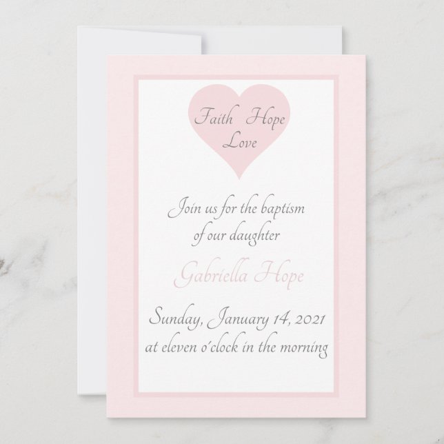 Elegant Faith Hope Love Heart Pink Girl Baptism Invitation (Front)