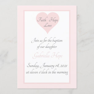 Elegant Faith Hope Love Heart Pink Girl Baptism Invitation