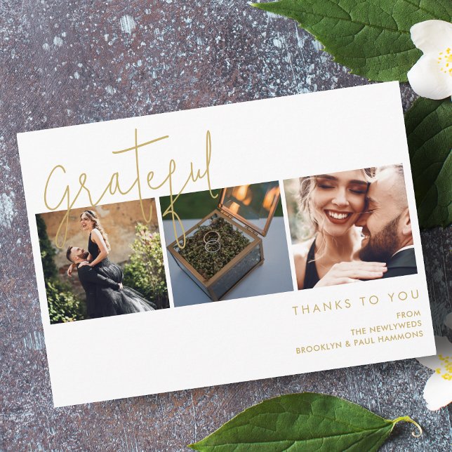 Elegant Fake Gold Effect Grateful 3 Photos Wedding Thank You Card (Creator Uploaded)