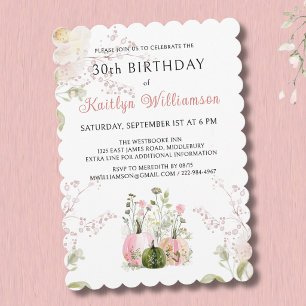 Elegant Fall 30th Birthday Pink Pumpkin Floral  Invitation
