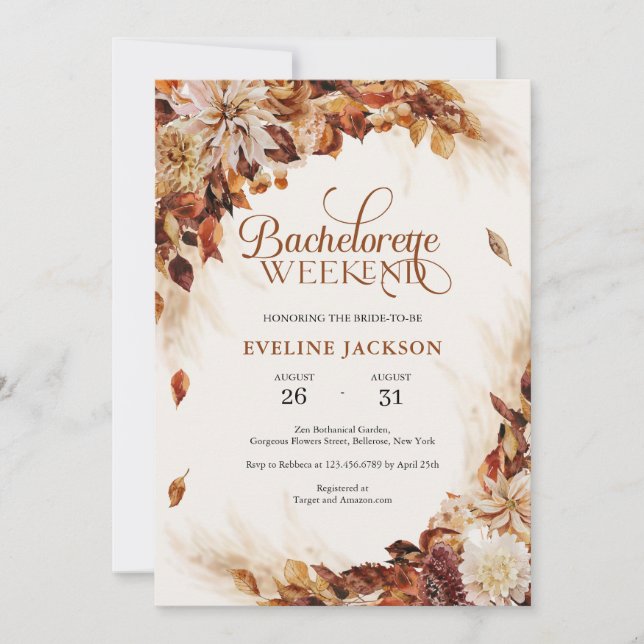 Elegant fall and autumn copper floral Bachelorette Invitation (Front)