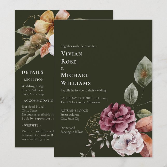 Elegant Fall Autumn All In One Burgundy Wedding Invitation (Front/Back)