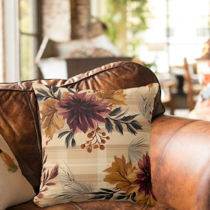 Elegant Fall Autumn Floral Plaid Cushion