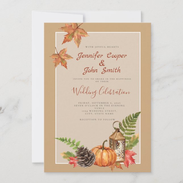 Elegant Fall Autumn Leaves Pumpkin Wedding Invitat Invitation (Front)