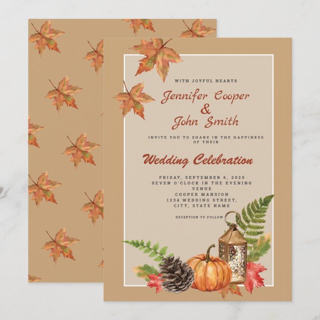 Elegant Fall Autumn Leaves Pumpkin Wedding Invitation (Front/Back)