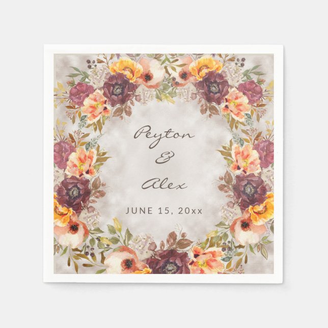 Elegant Fall Autumn Orange Burgundy Wedding Napkin (Front)