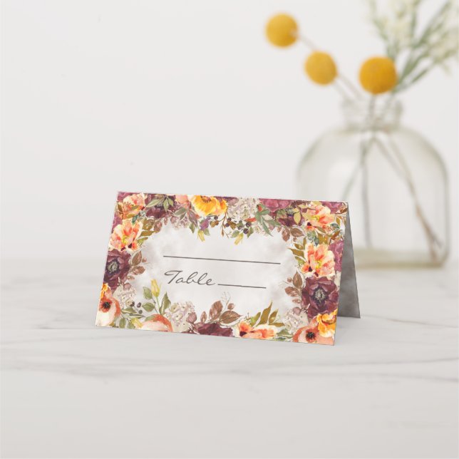 Elegant Fall Autumn Orange Burgundy Wedding  Place Card (Front)