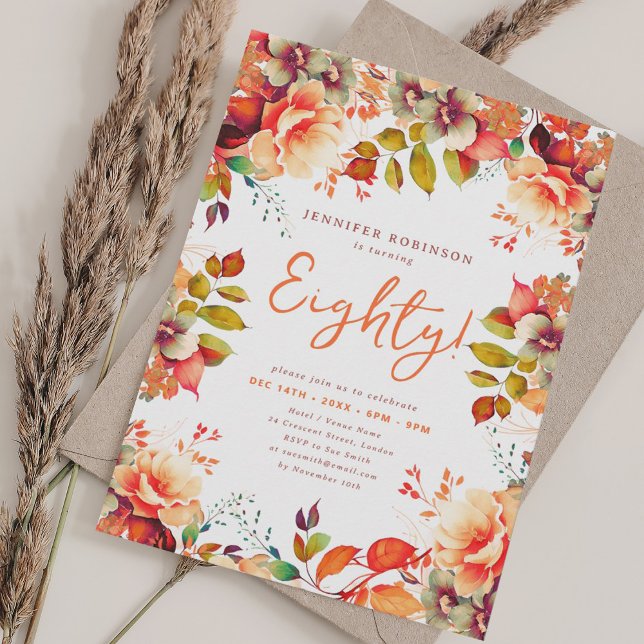 Elegant Fall Autumn Watercolor Floral 80 Birthday  Invitation (Elegant Fall Autumn Watercolor Floral 80 Birthday Invitation)