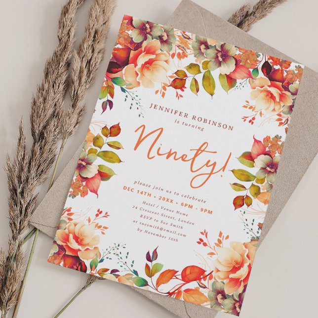 Elegant Fall Autumn Watercolor Floral 90 Birthday  Invitation (Elegant Fall Autumn Watercolor Floral 90 Birthday Invitation)