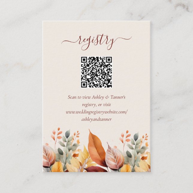 Elegant Fall Autumn Wedding Registry QR Code Enclosure Card (Front)