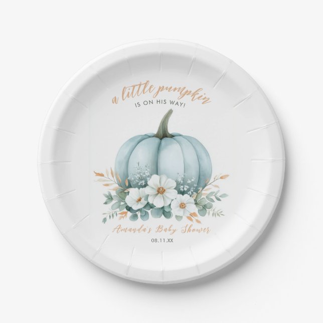 Elegant Fall Blue Pumpkin Floral Boy Baby Shower Paper Plate (Front)