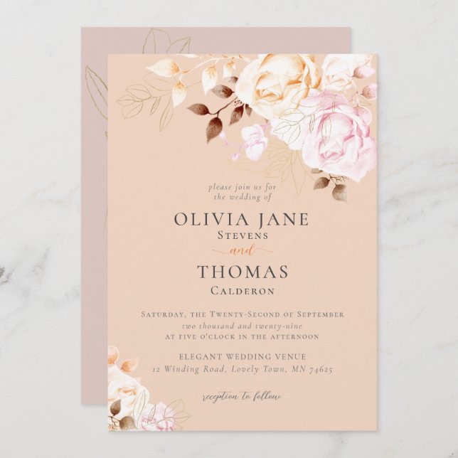 Elegant Fall Blush Orange Floral Wedding Invitation (Front/Back)