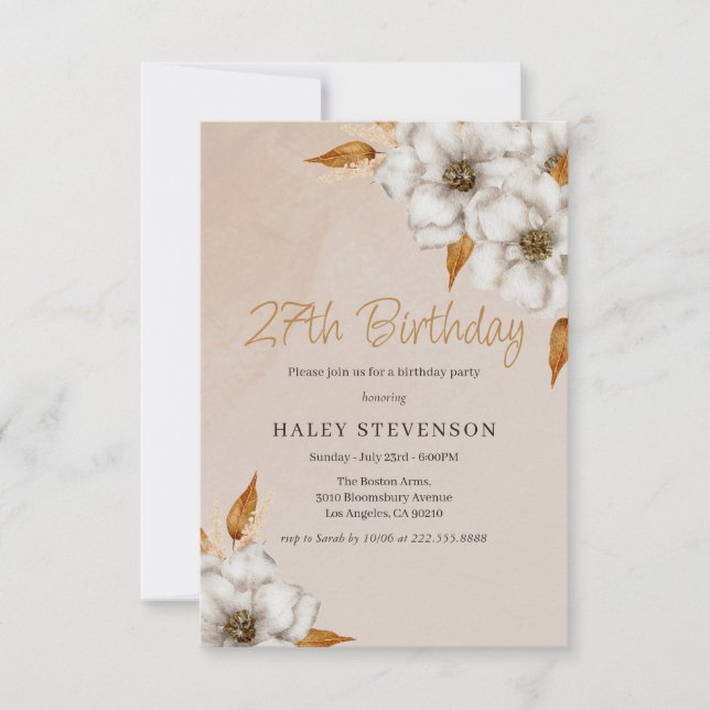Elegant Fall Boho Chic Floral 27th Birthday Party Invitation (Front)