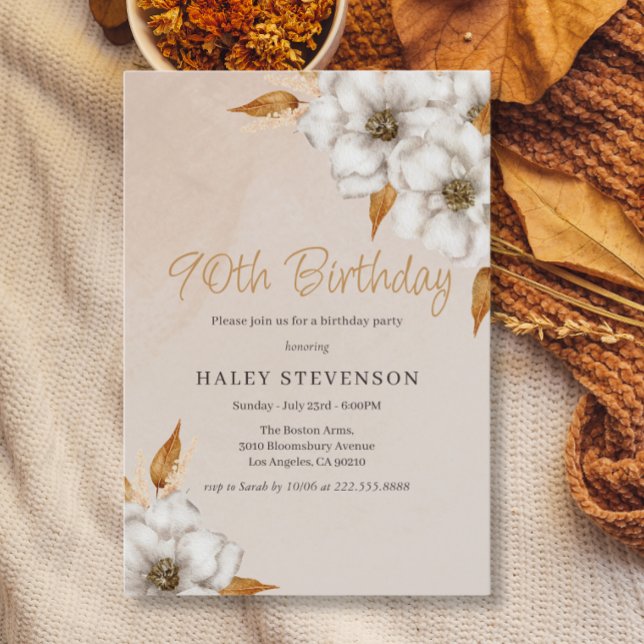 Elegant Fall Boho Chic Floral 90th Birthday Party Invitation (Creator Uploaded)