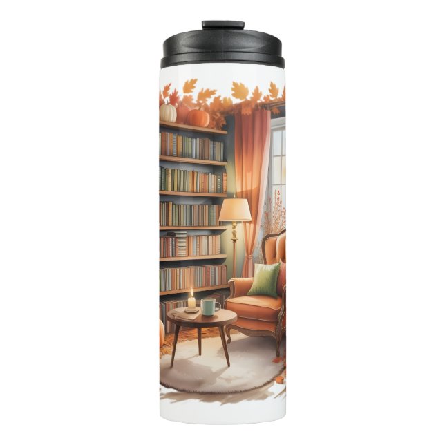 Elegant Fall Bookshelf Bouteilles  — Cozy Curtain Thermal Tumbler (Front)