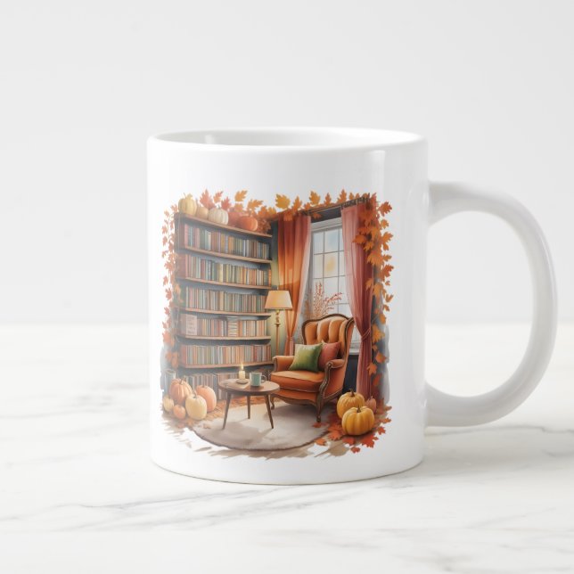 Elegant Fall Bookshelf Mug — Cozy Curtain (Right)