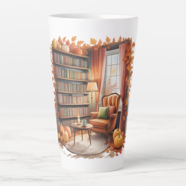 Elegant Fall Bookshelf Tasses — Cozy Curtain Latte Mug (Front)