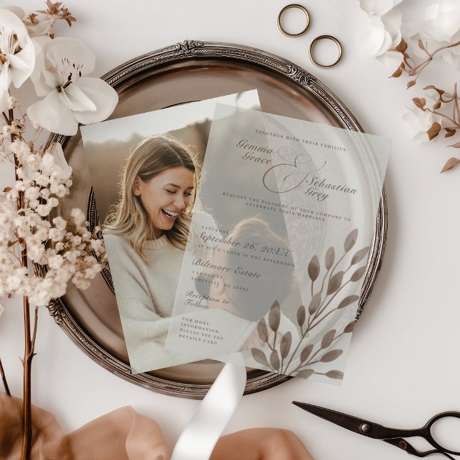 Elegant Fall Botanical Ash Overlay Wedding Vellum Invitations (Creator Uploaded)