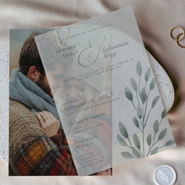 Elegant Fall Botanical Sage Overlay Wedding Vellum Invitations (Creator Uploaded)