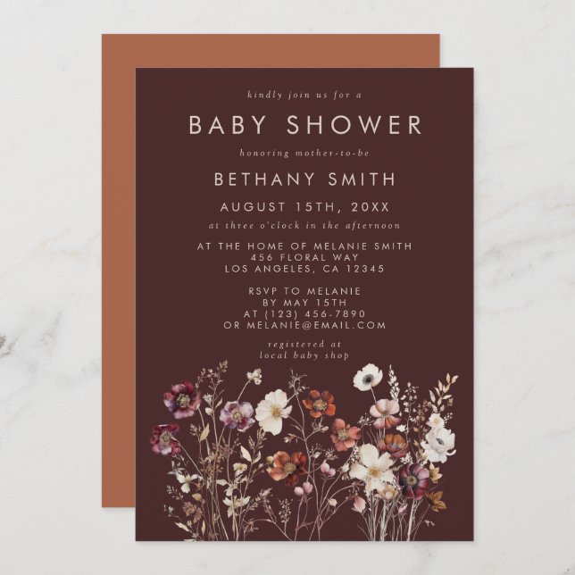 Elegant Fall Brown Floral Baby Shower Invitation (Front/Back)