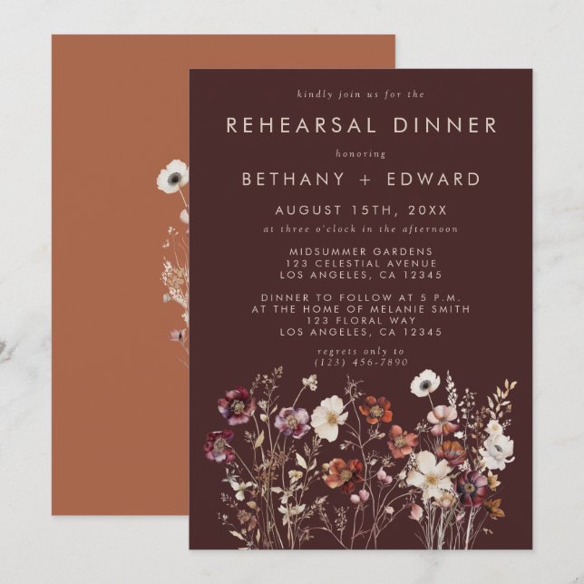Elegant Fall Brown Floral Rehearsal Dinner Invitation (Front/Back)
