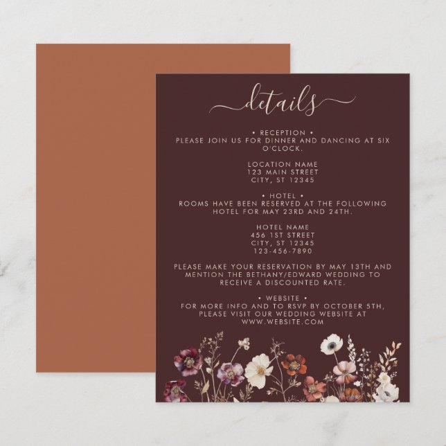 Elegant Fall Brown Floral Wedding Enclosure Card (Front/Back)