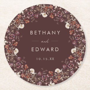 Elegant Fall Brown Floral Wedding Round Paper Coaster