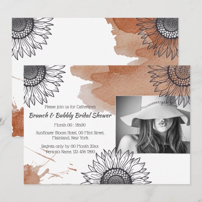 Elegant fall brown grey DIY photo sunflower party Invitation (Front/Back)