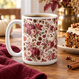 Elegant Fall Burgundy Floral Pumpkins Coffee Mug