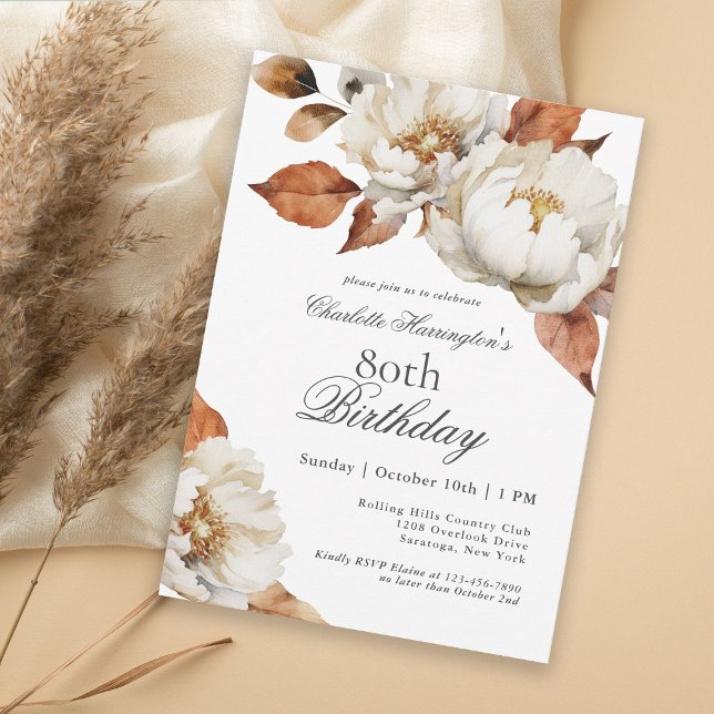 Elegant Fall Floral 80th Birthday Party Invitation (An elegant fall floral birthday party invitation that can be personalized for any age.)