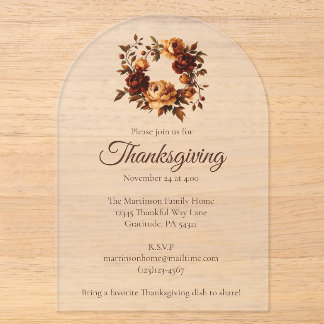 Elegant Fall Floral Autumn Wreath Thanksgiving Acrylic Invitations
