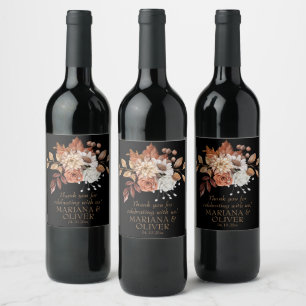 Elegant Fall Floral Black Wedding Favours Wine Label