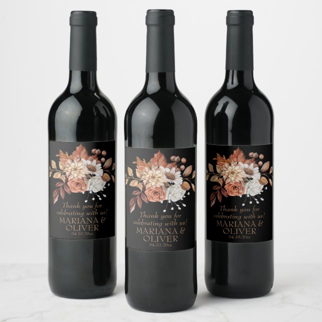 Elegant Fall Floral Black Wedding Favours Wine Label (Bottles)