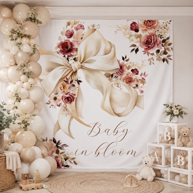 Elegant Fall Floral Bow Baby Shower Backdrop Tapestry (Elegant Fall autumn floral Bow Baby shower backdrop )